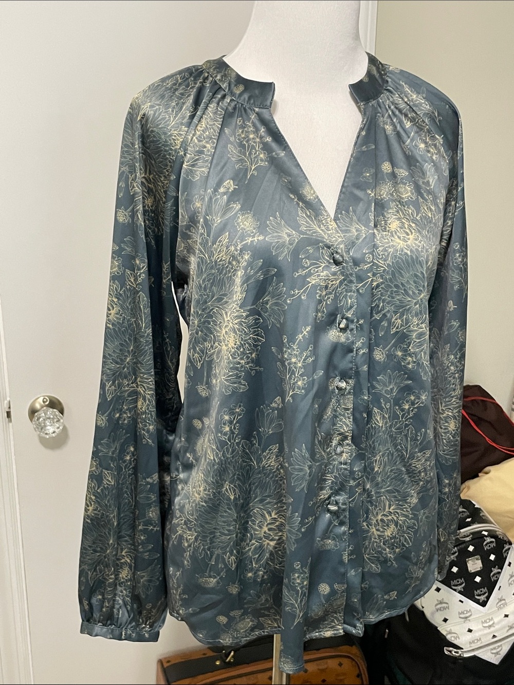 NWT- Alice blouse by JoFlower- sage Floral Satin Button-Front Women’s Blouse